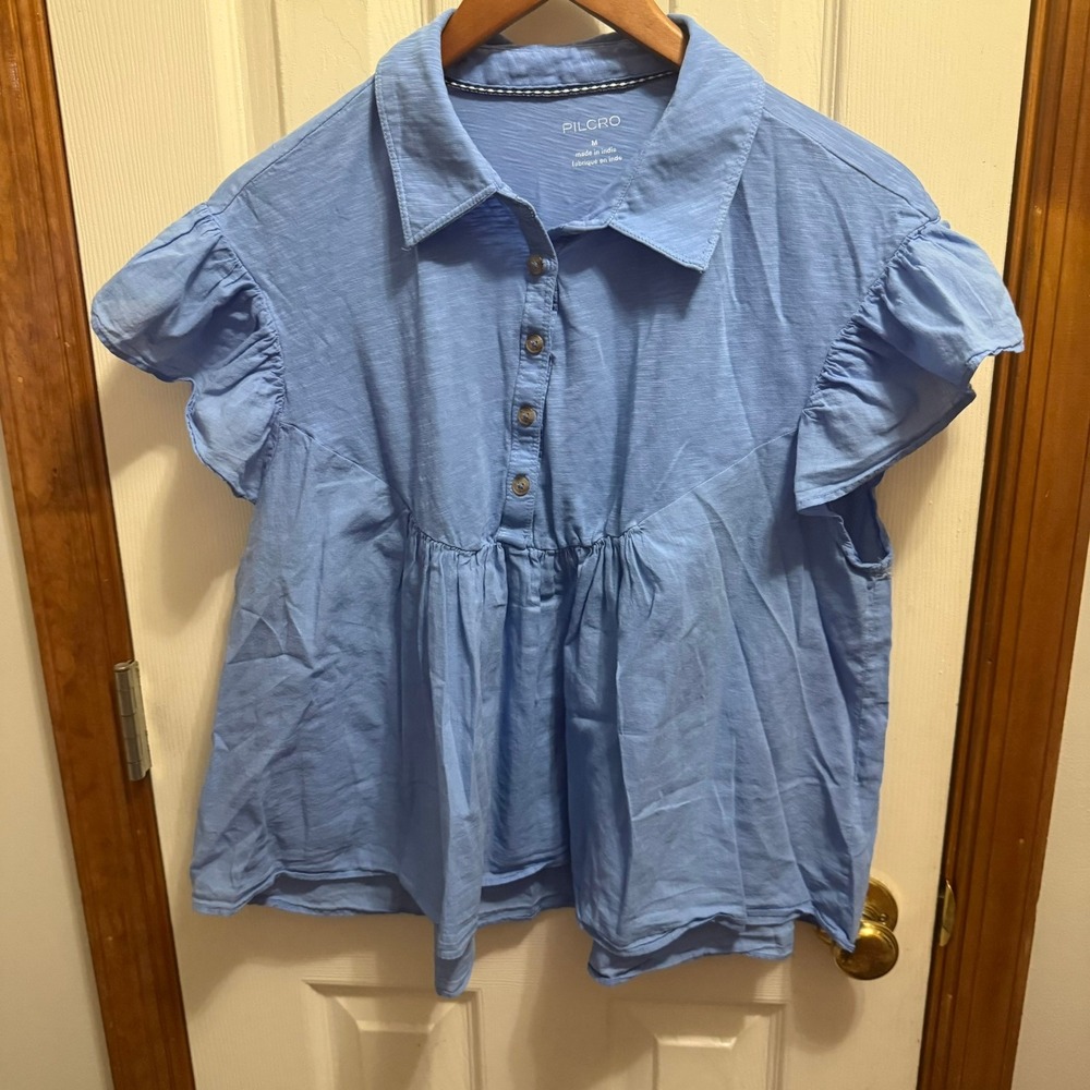 Pilcro Womens Blue Ruffle Flutter Sleeve Babydoll Top Button Front Shirt Medium